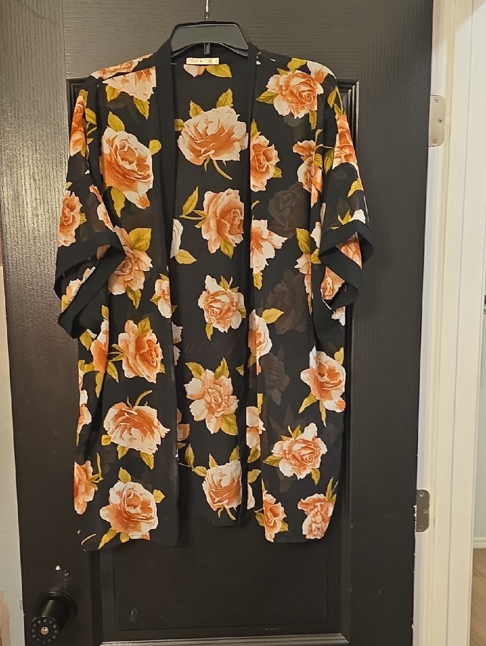 Black Floral Kimono with Peach Roses